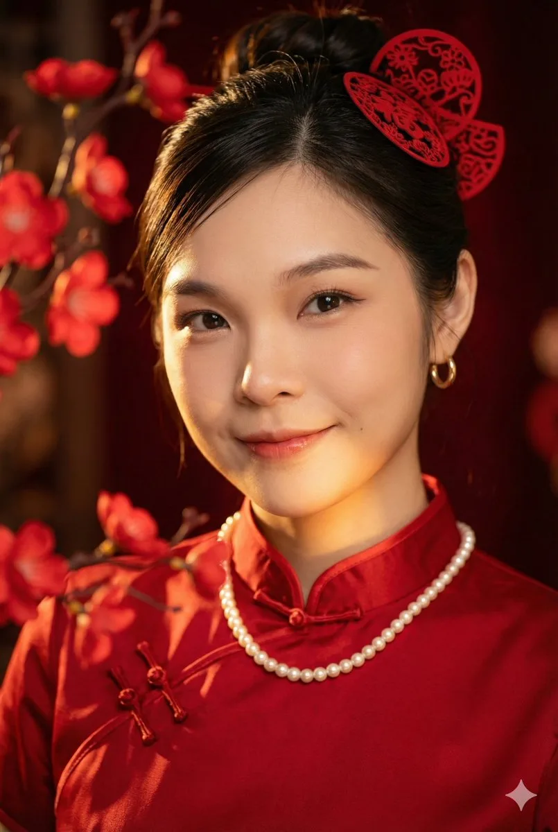 สาวงามชุดกี่เพ้าจีนใหม่ท่ามกลางแสงและเงา 1