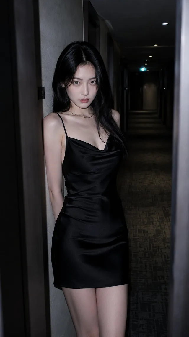 ภาพบุคคลในทางเดินโรงแรมยามค่ำคืน สไตล์แฟลชตรงโทนเย็น