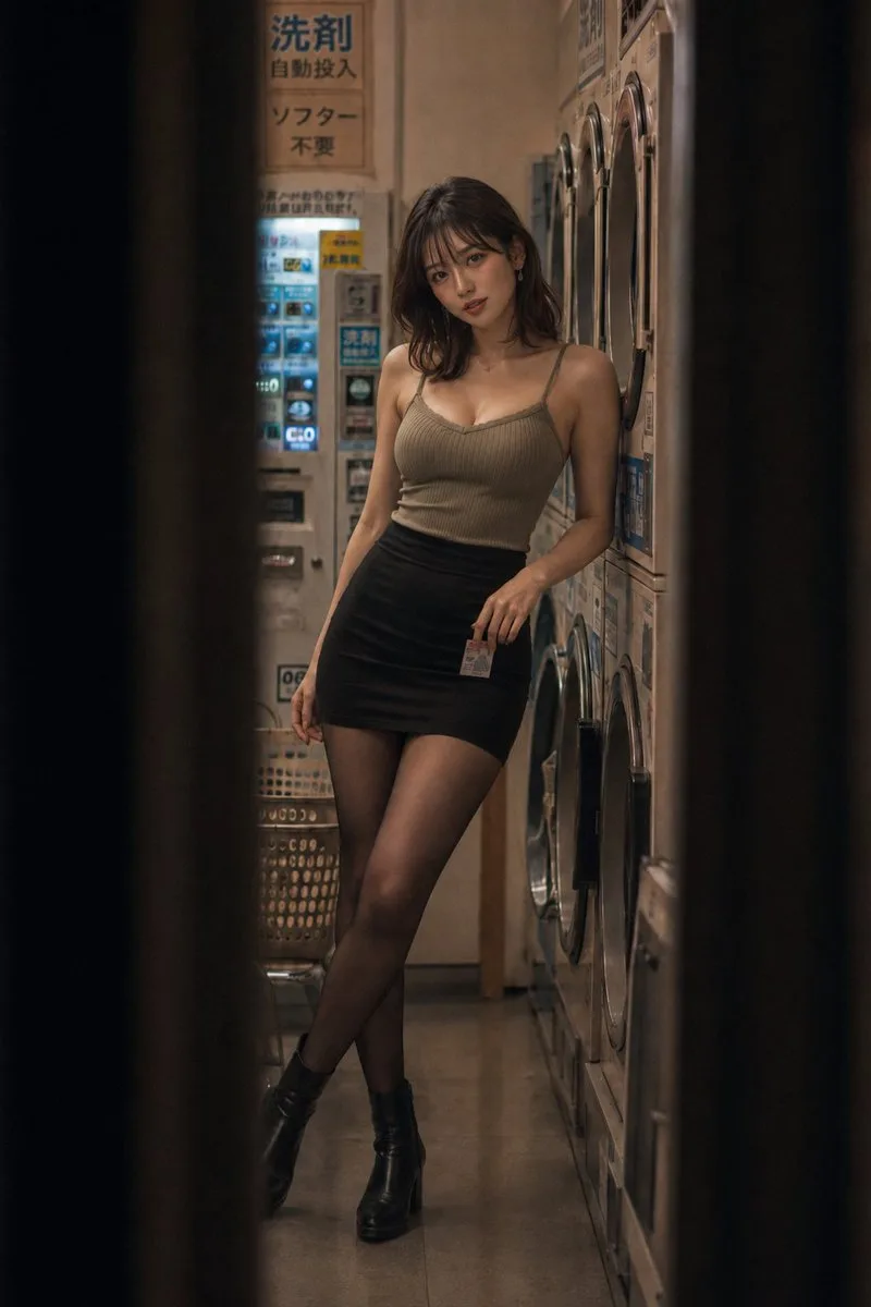 หญิงสาวในร้านซักผ้าหยอดเหรียญยามค่ำคืน 1