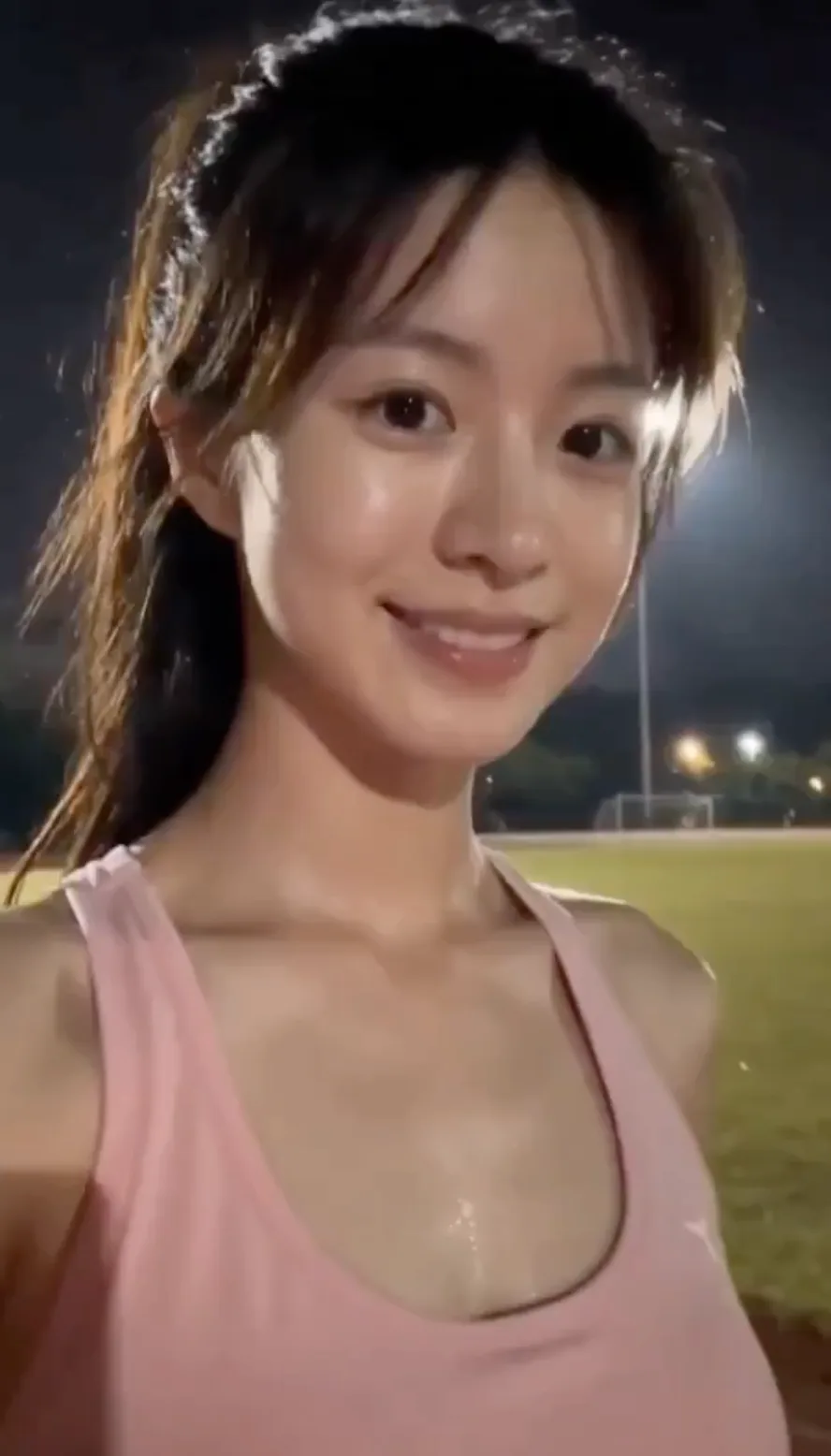 สาวน้อยชุดชมพูในคืนค่ำที่สนามเด็กเล่น ถ่ายเซลฟีสไตล์สปอร์ต 1
