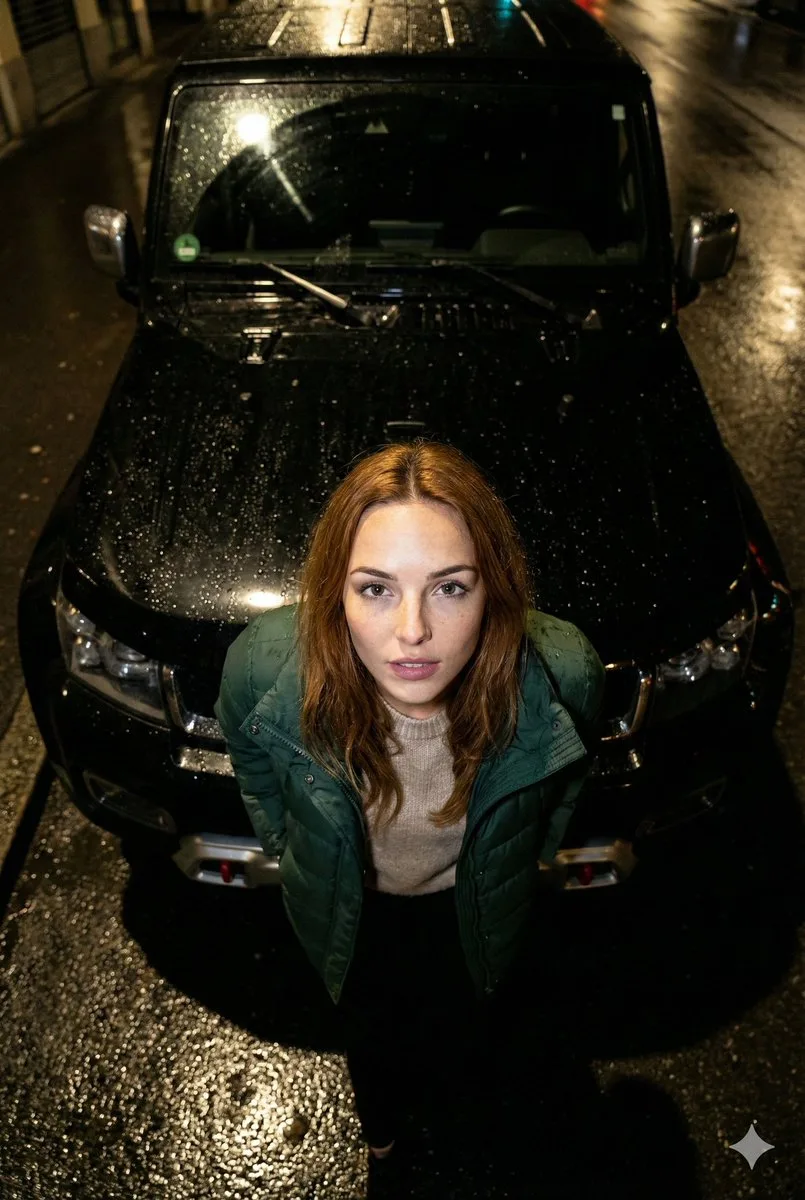 พอร์เทรตแฟลชสาวสวยกับรถ SUV สีดำยามค่ำคืน 1