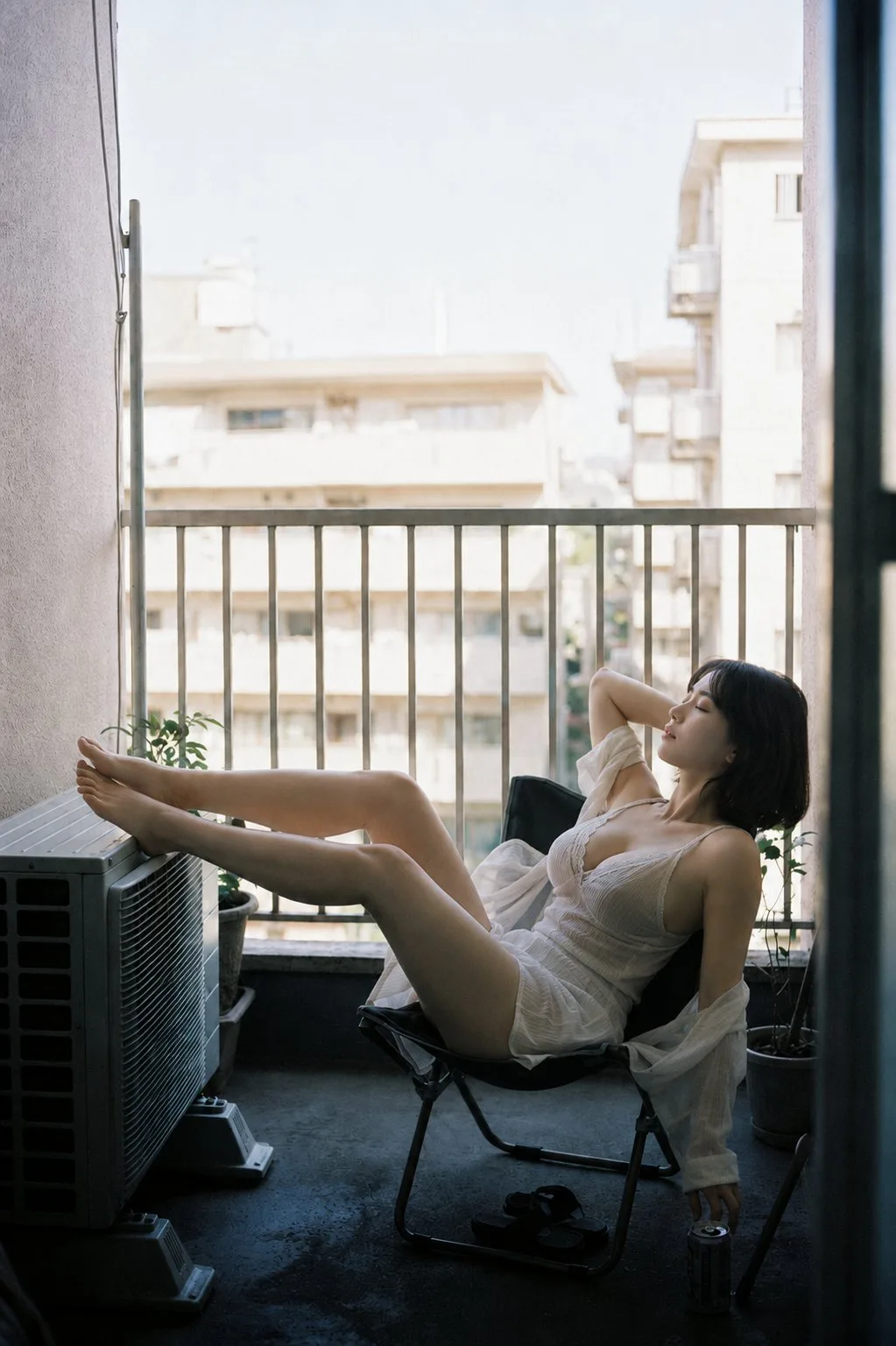 สาวชุดขาวพักผ่อนริมระเบียงอพาร์ตเมนต์ยามบ่าย 1