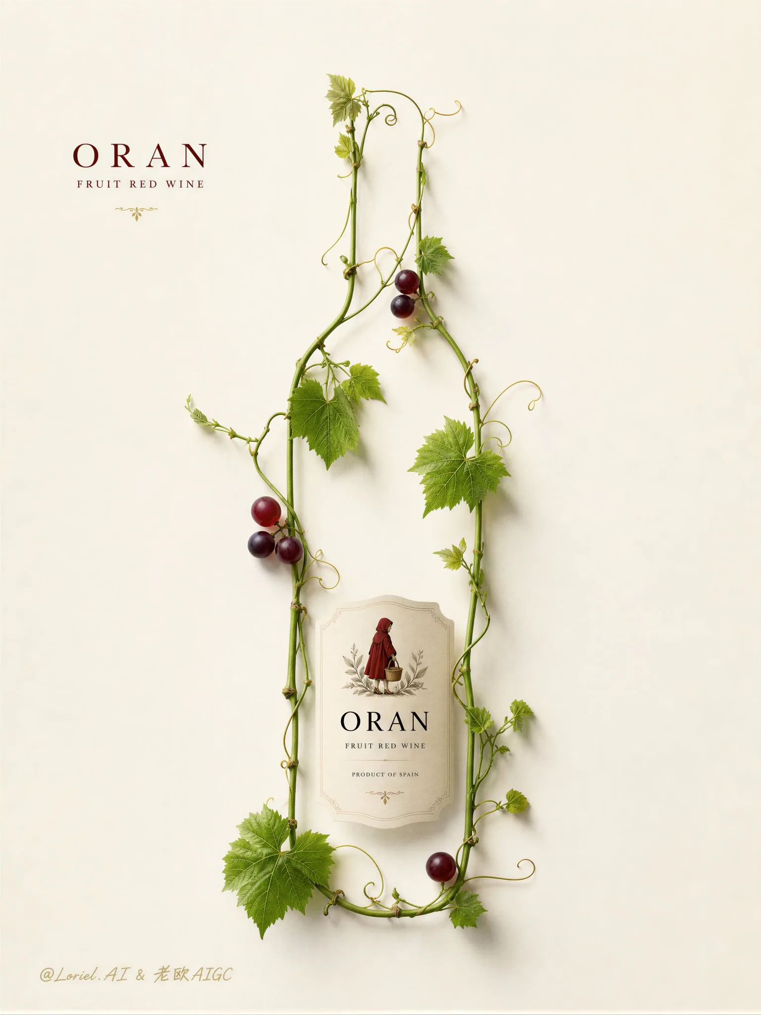 โปสเตอร์ไวน์แดงผลไม้ Oran: ทรงขวดจากเถาองุ่น 1