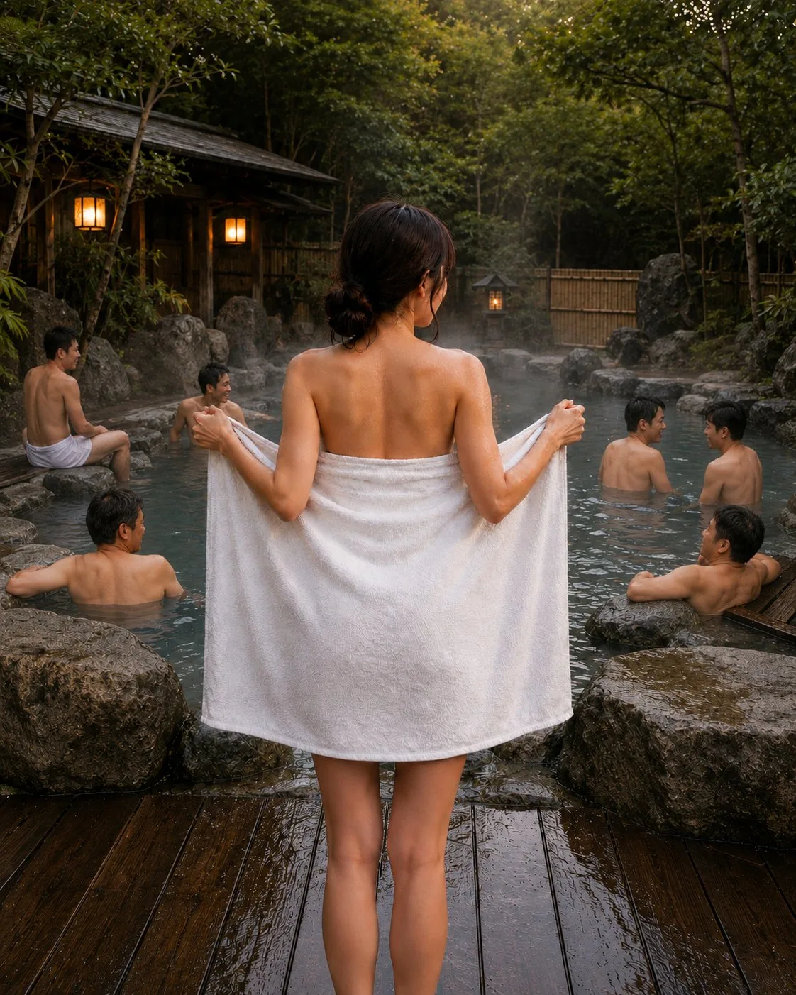 หญิงสาวในผ้าขนหนูที่บ่อน้ำพุร้อนกลางแจ้ง 1