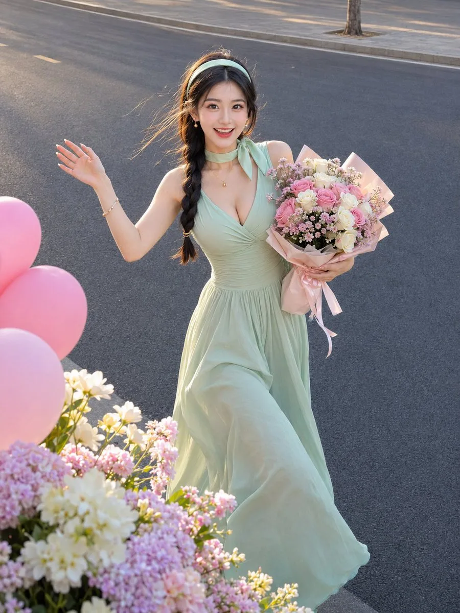 ภาพหญิงสาวเอเชียผมยาวเป็นลอน หันข้าง ก้มหน้ากลางแจ้ง 1