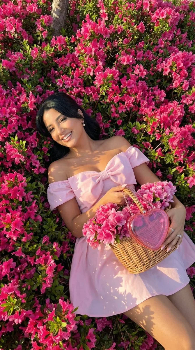 สาวชุดชมพูในทุ่งดอกไม้: แฟชั่นมุมสูง 1