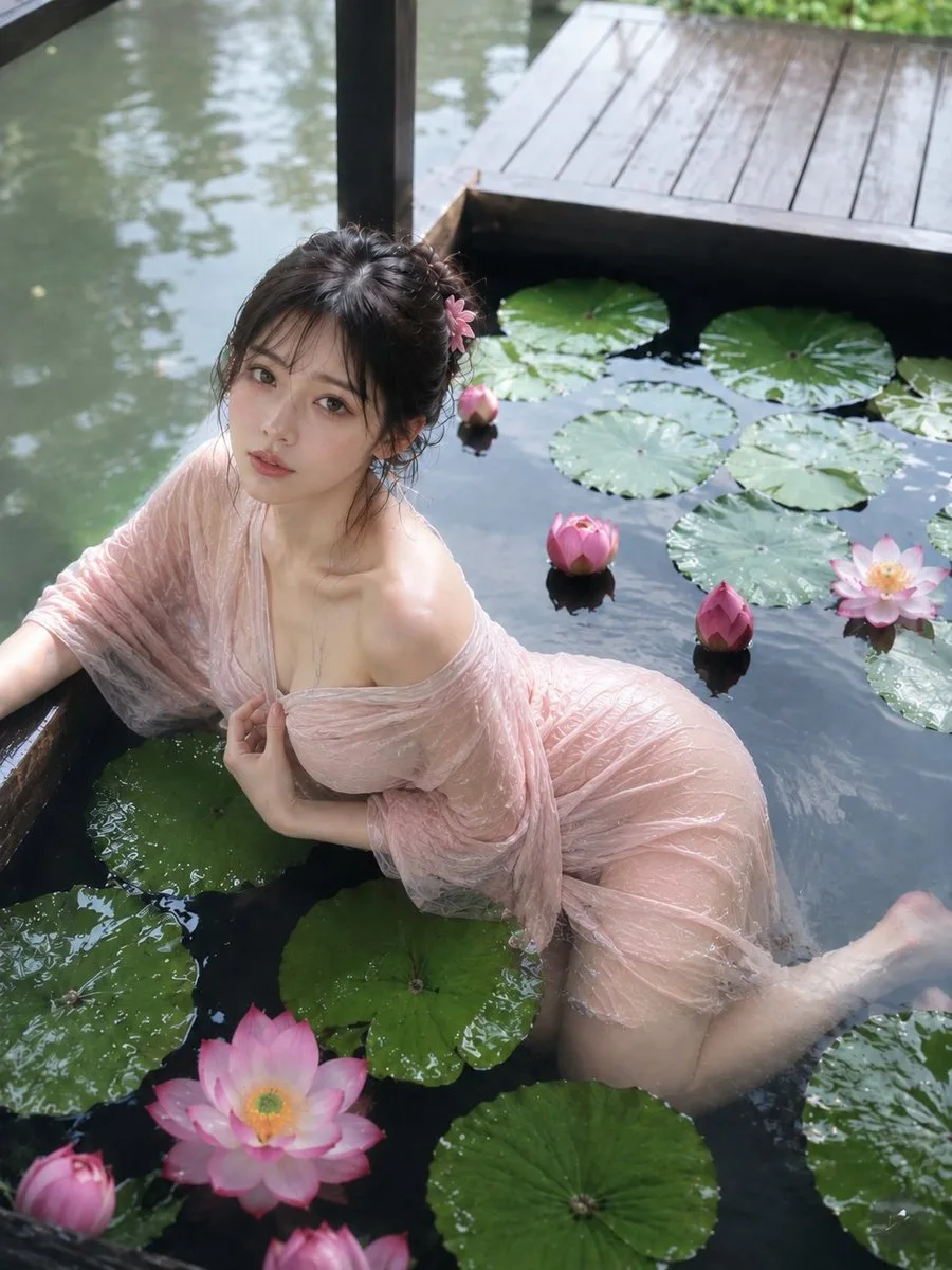 เงาบัวชมพูอ่อนริมสระบัวอันเงียบสงบ 1
