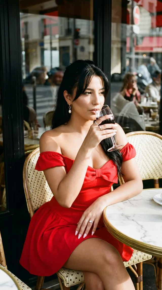 สาวชุดแดงจิบไวน์ ณ คาเฟ่ปารีสยามบ่าย