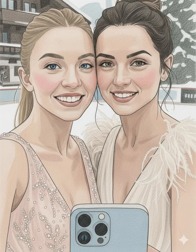 ภาพวาดดินสอดาราฮอลลีวูดถ่ายเซลฟี่ในหิมะ