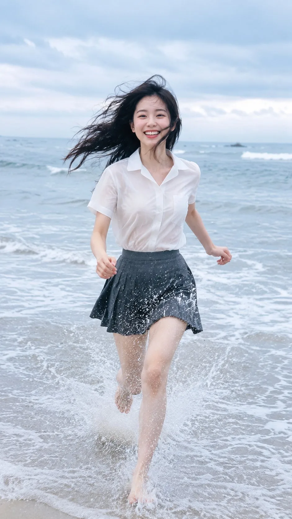 หญิงสาวเอเชียวิ่งริมหาด: ภาพเหมือนสวยงาม 1