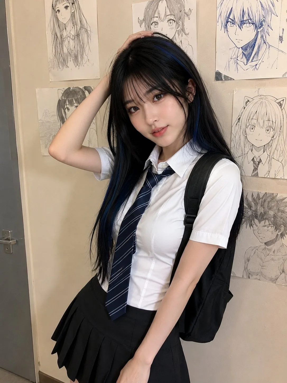 ถ่ายภาพเหมือนจริง: สาวผมน้ำเงินดำน่ารักในร่ม 1