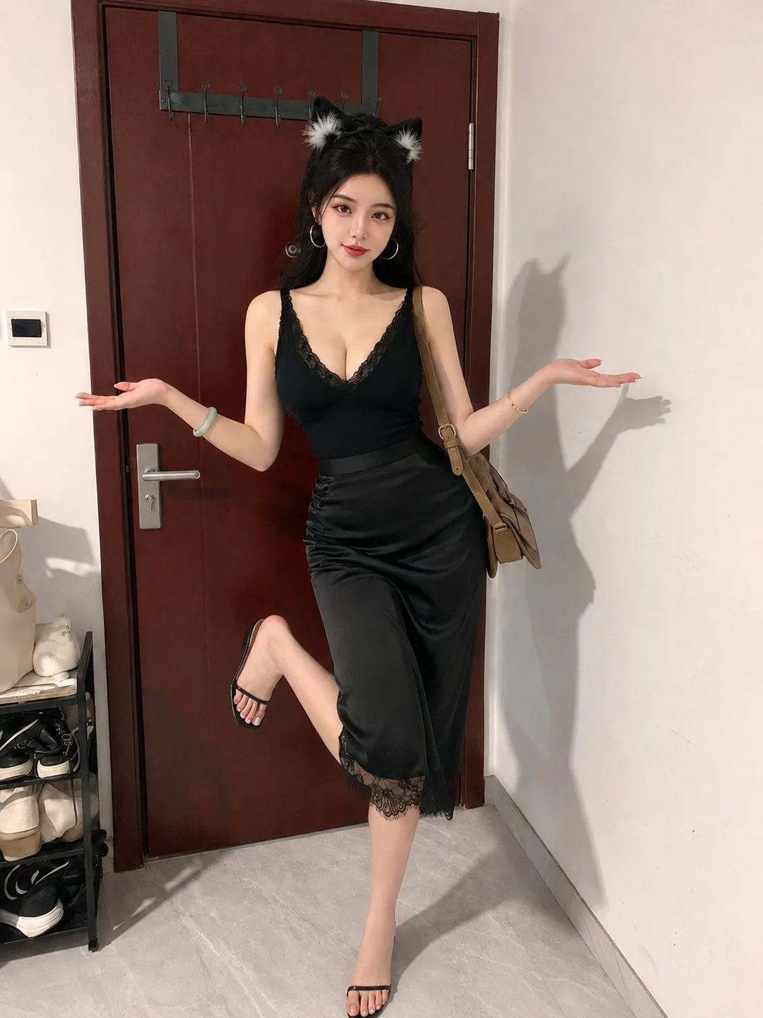 สาวเอเชียหูแมวชุดดำในโถงทางเข้าอพาร์ตเมนต์ 1