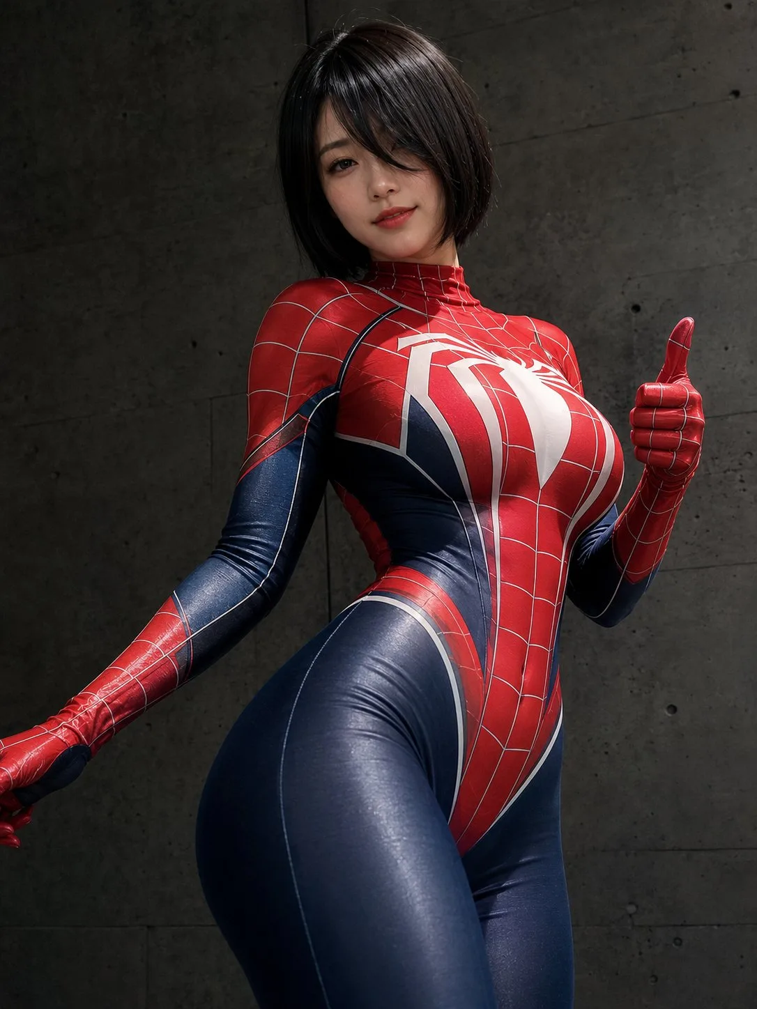 สาวเอเชียในชุด Spider-Man: ภาพเหมือนมุมต่ำสมจริง 1