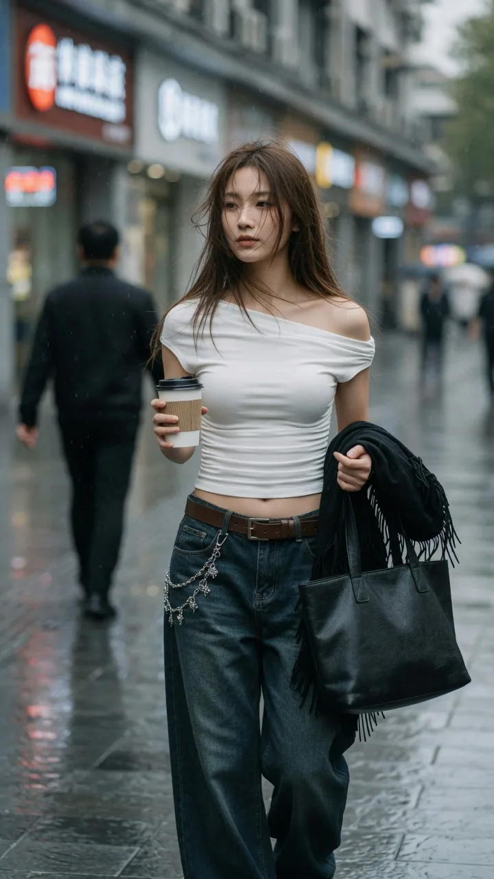 สาวเอเชียเดินบนถนนเปียกในเมือง หลังฝนตก 1