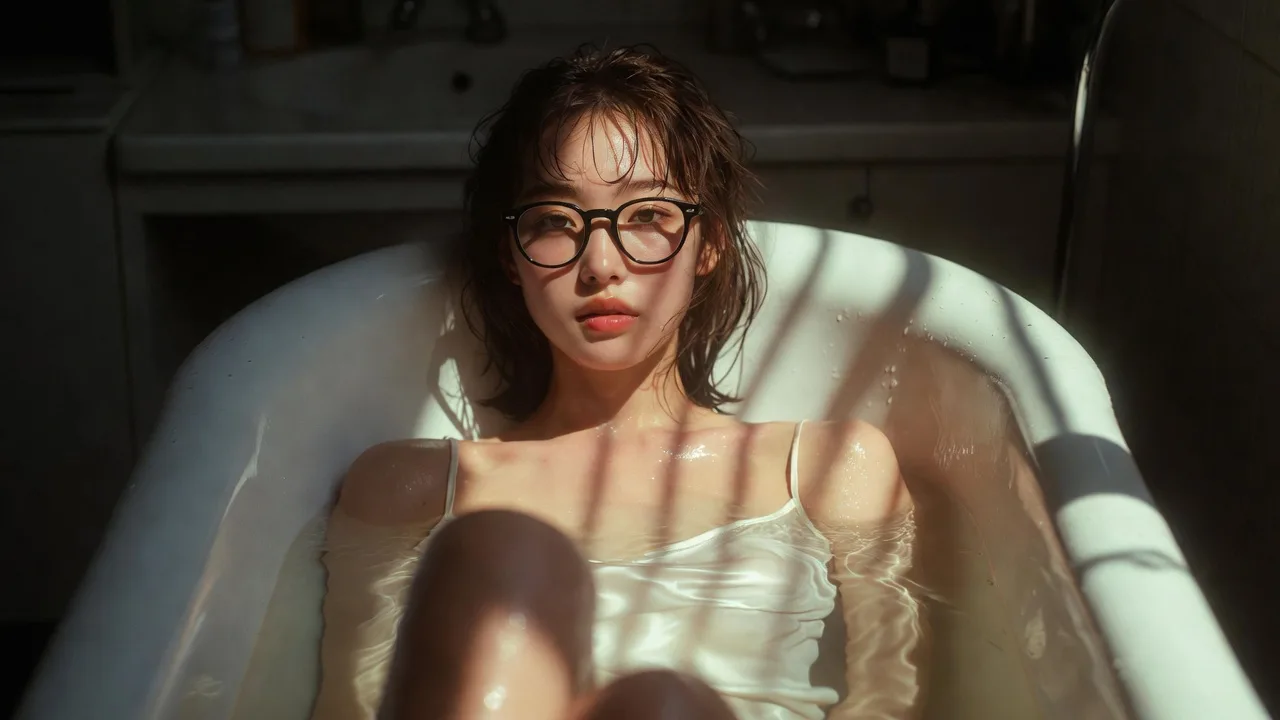 สาวเอเชียแว่นดำในอ่างอาบน้ำ สไตล์ภาพยนตร์ 1