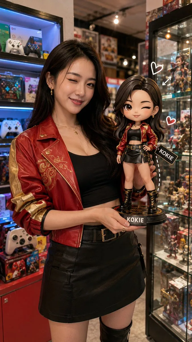 สาวเอเชียถ่ายรูปกับตุ๊กตาเงาสะท้อนในร้านของเล่น 1