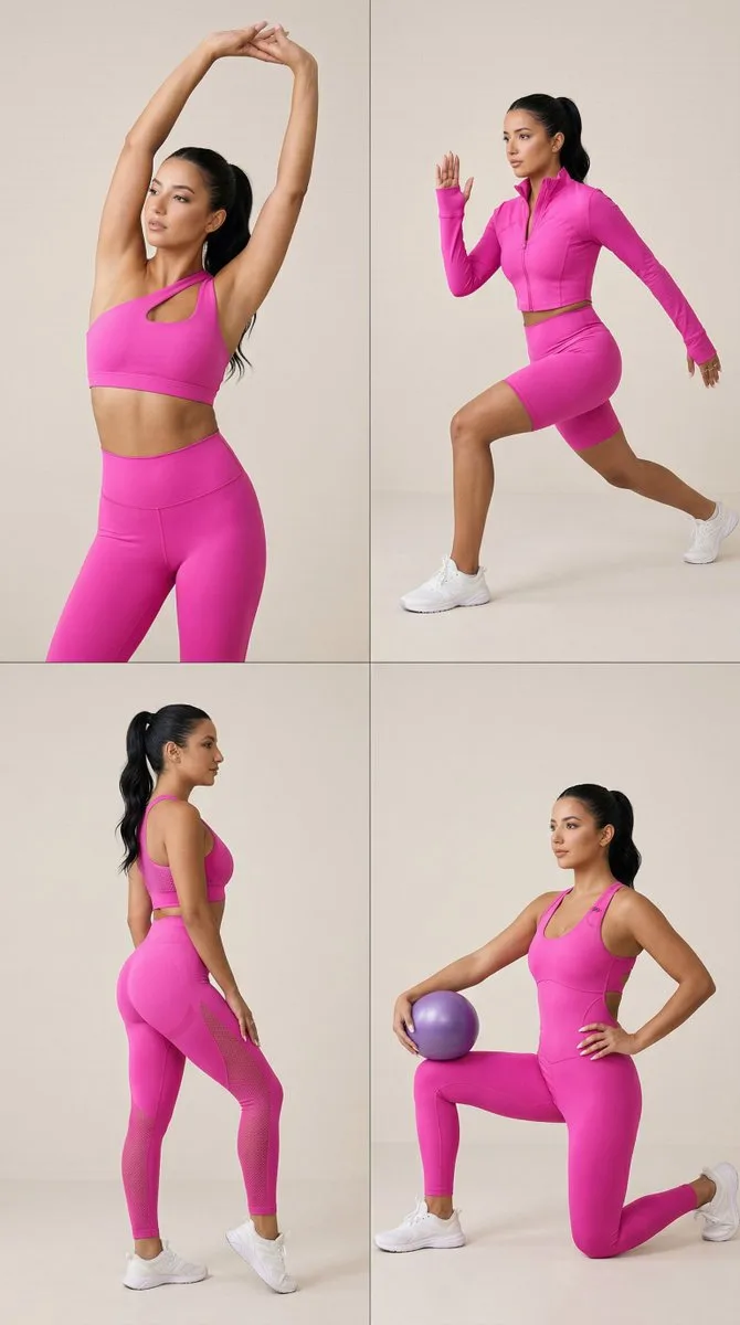 คอลลาจแฟชันชุดออกกำลังกายสีชมพู 1
