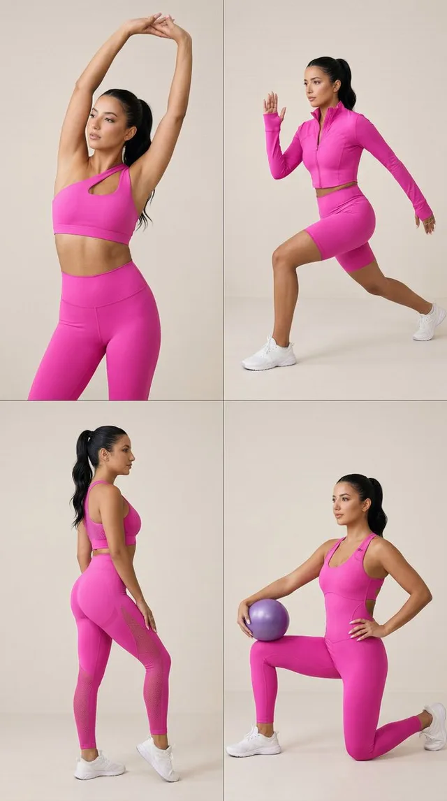 คอลลาจแฟชันชุดออกกำลังกายสีชมพู