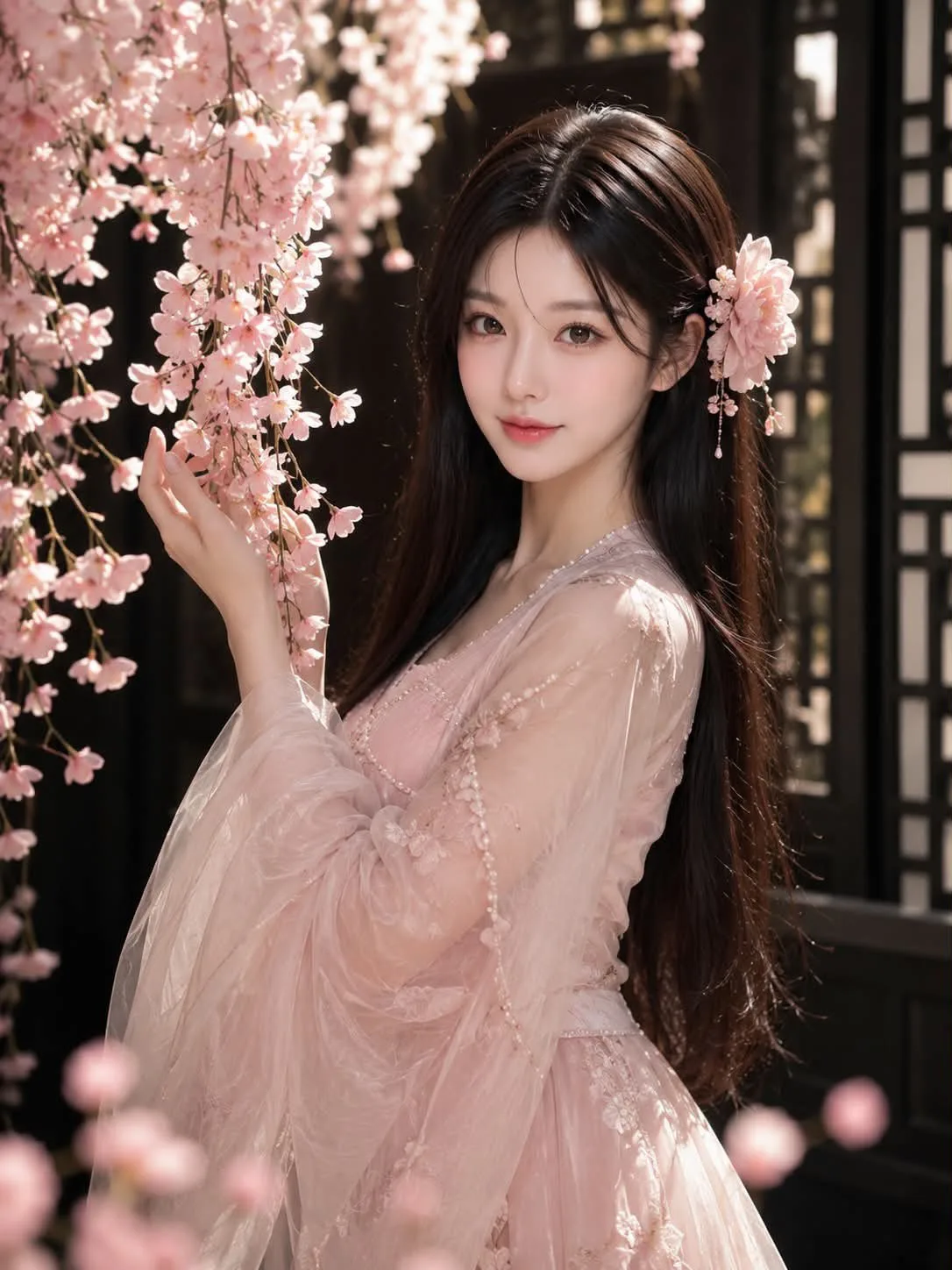 หญิงสาวในชุดฮั่นฝูสีชมพูใต้ต้นซากุระ 1