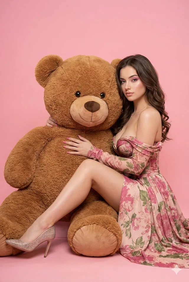 นางแบบสาวกับตุ๊กตาหมีในสตูดิโอสีชมพู