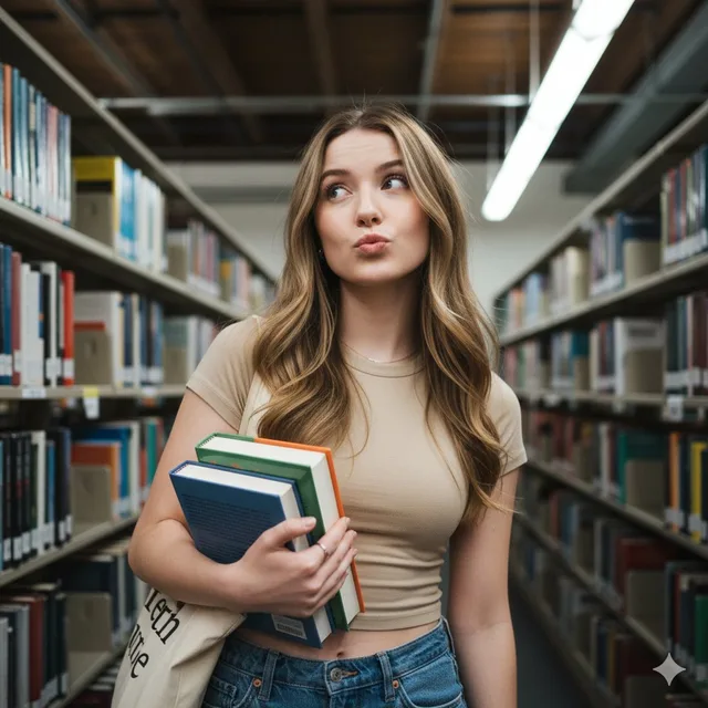 สาวผมลอนหน้าตาขี้เล่นในห้องสมุด