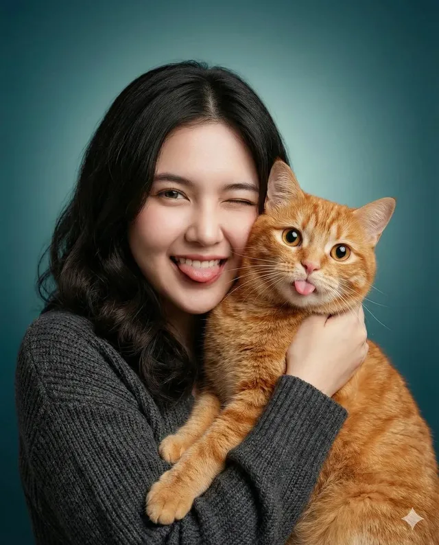 สาวน้อยกอดแมวส้มตัวโปรดแลบลิ้นทะเล้น