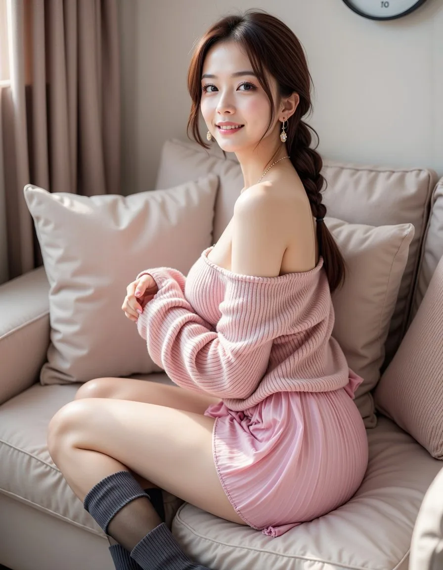 สาวหวานชุดกระโปรงชมพู sweater เปิดไหล่ บนโซฟา 2