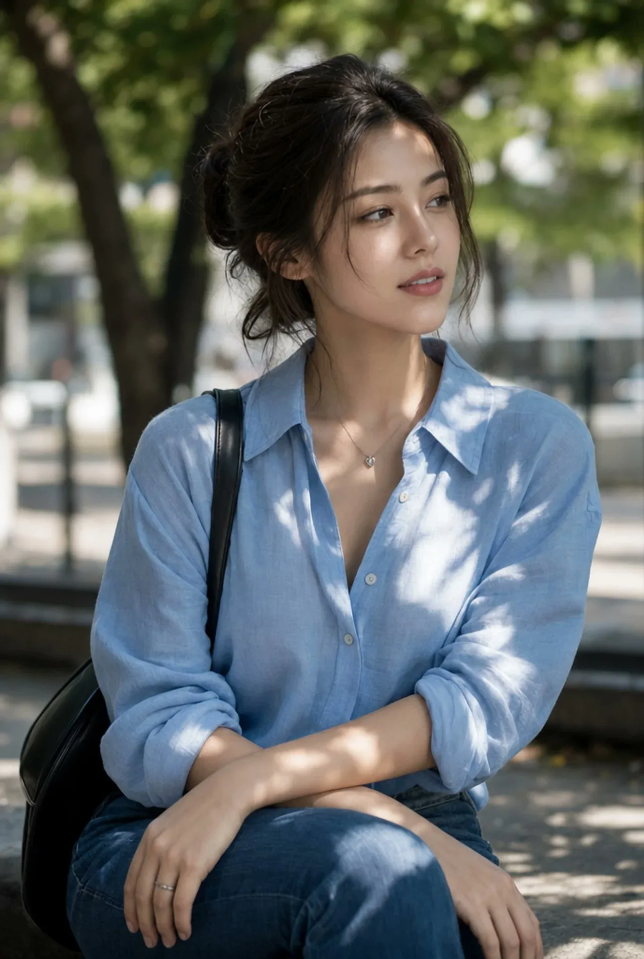 สาวเอเชียนั่งในสวน แสงแดดอ่อนๆ 1