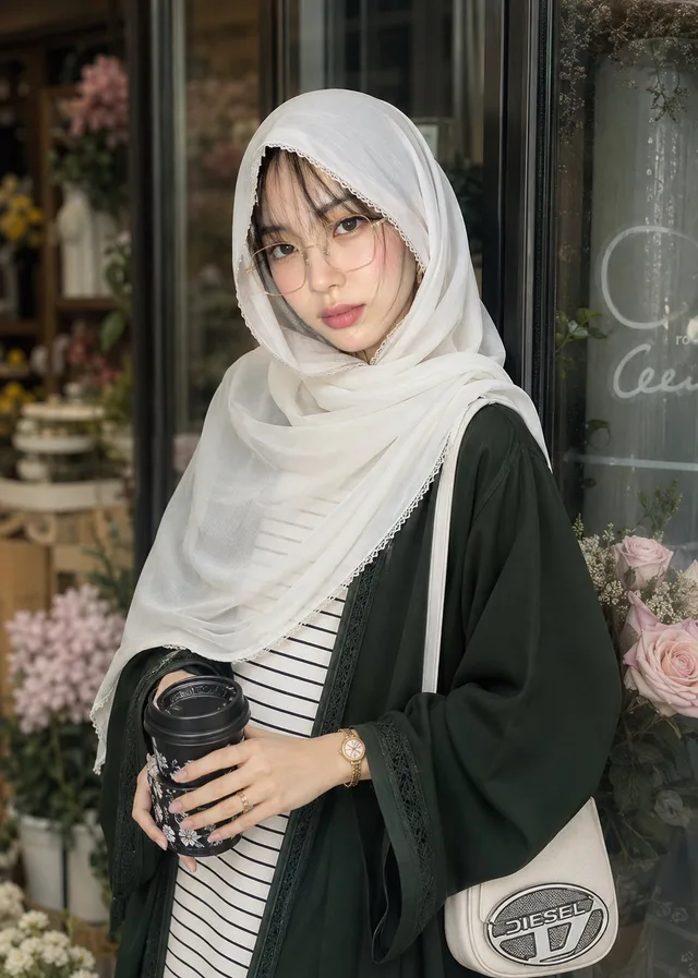 สาวแว่นทอง ฮิญาบขาว สง่างาม