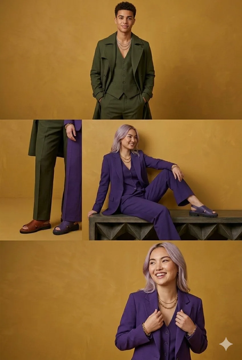คอลเลกชันแฟชั่นชุดสูท 3 ชิ้น สีโมโนโครมบนพื้นหลังสีเหลืองมัสตาร์ด 1