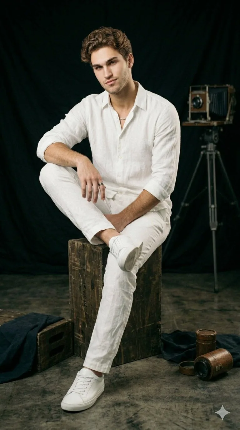 นายแบบหนุ่มหล่อในชุดเสื้อเชิ้ตลินินขาว ถ่ายภาพสตูดิโอ 2