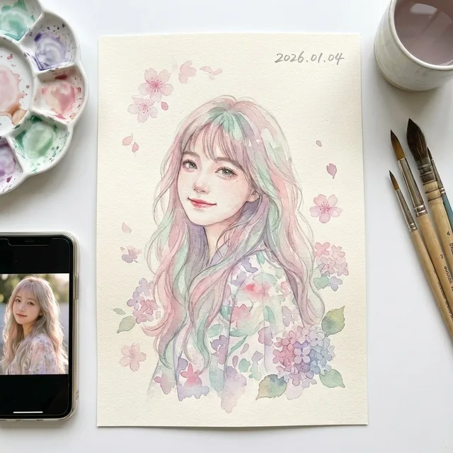 ภาพประกอบสีน้ำญี่ปุ่นละเอียดอ่อน: ไอดอลจีนสาว