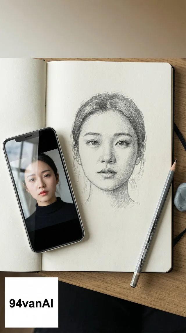 ภาพวาดดินสอเหมือนจริงคู่กับรูปต้นฉบับในมือถือ