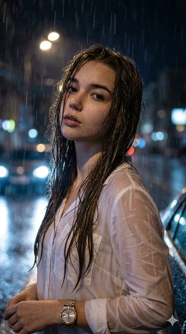 หญิงสาวครุ่นคิดในคืนฝนตกกลางเมือง