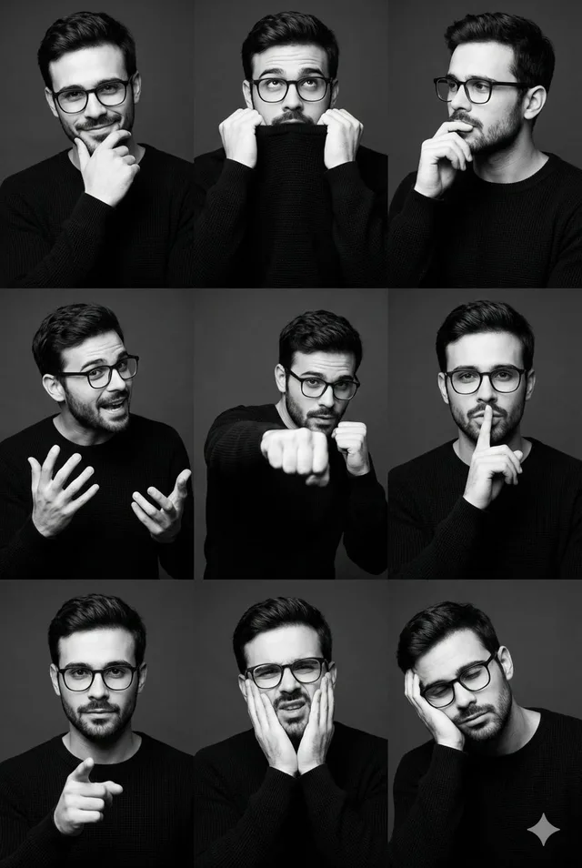 ภาพพอร์เทรตชายหนุ่มในชุดดำขาว 9 ช่อง อารมณ์หลากหลาย