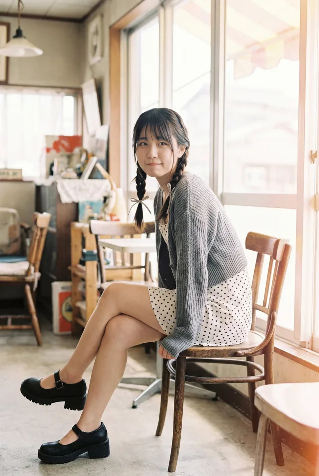 สาวญี่ปุ่นในคาเฟ่ย้อนยุค แสงแดดส่อง พริ้วไหว เร้าอารมณ์