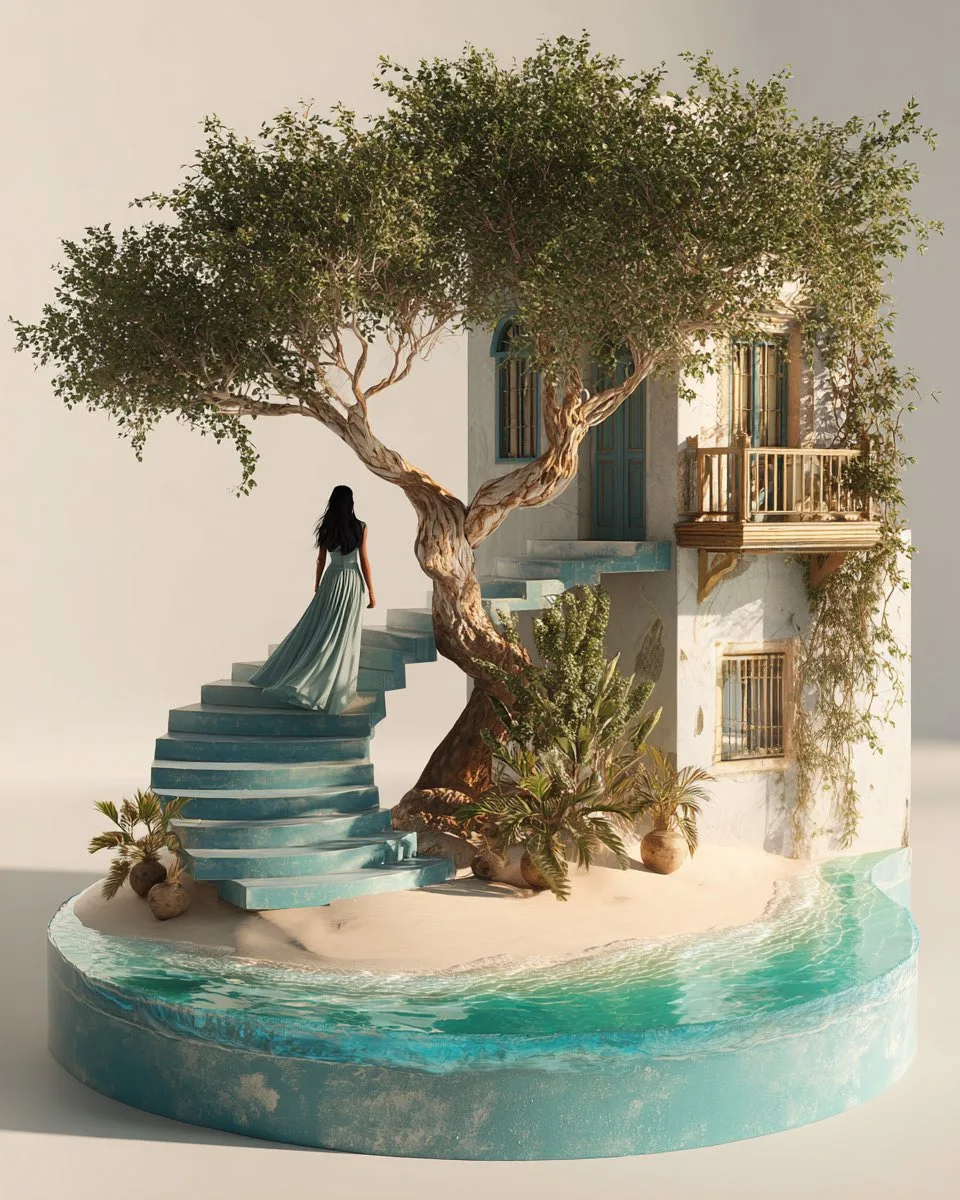 โมเดล 3D ฉาก超เหมือนจริง: หญิงสาวชุดยาวบนบันได 1