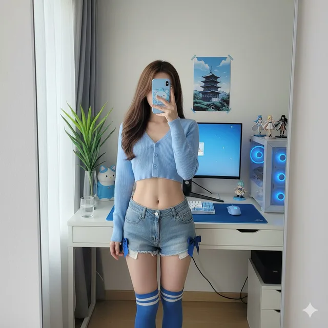 เซลฟี่หน้ากระจกสาวโอตาคุ โทนสีฟ้า