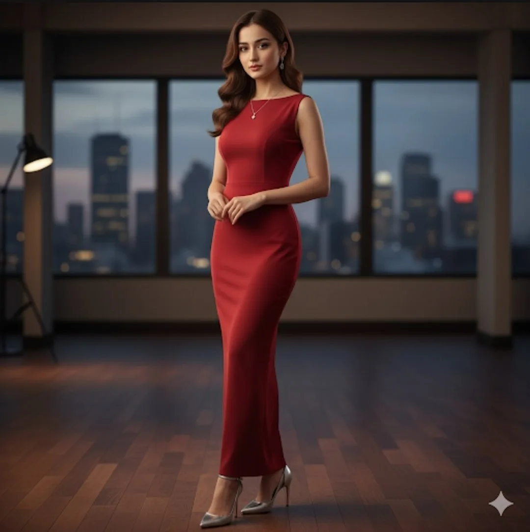 หญิงสาวชุดราตรีแดงหรู ในเพนต์เฮาส์ 1