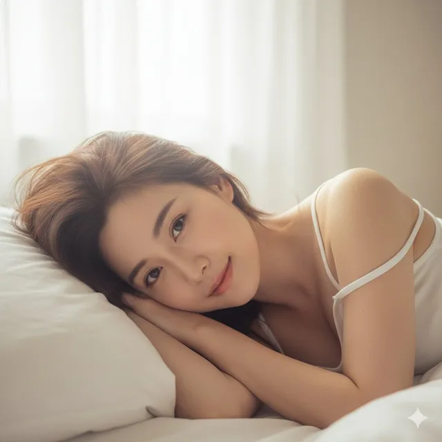 สาวเอเชียตื่นนอนบนหมอนสีขาว: เช้าวันใหม่ที่เย้ายวนใจ