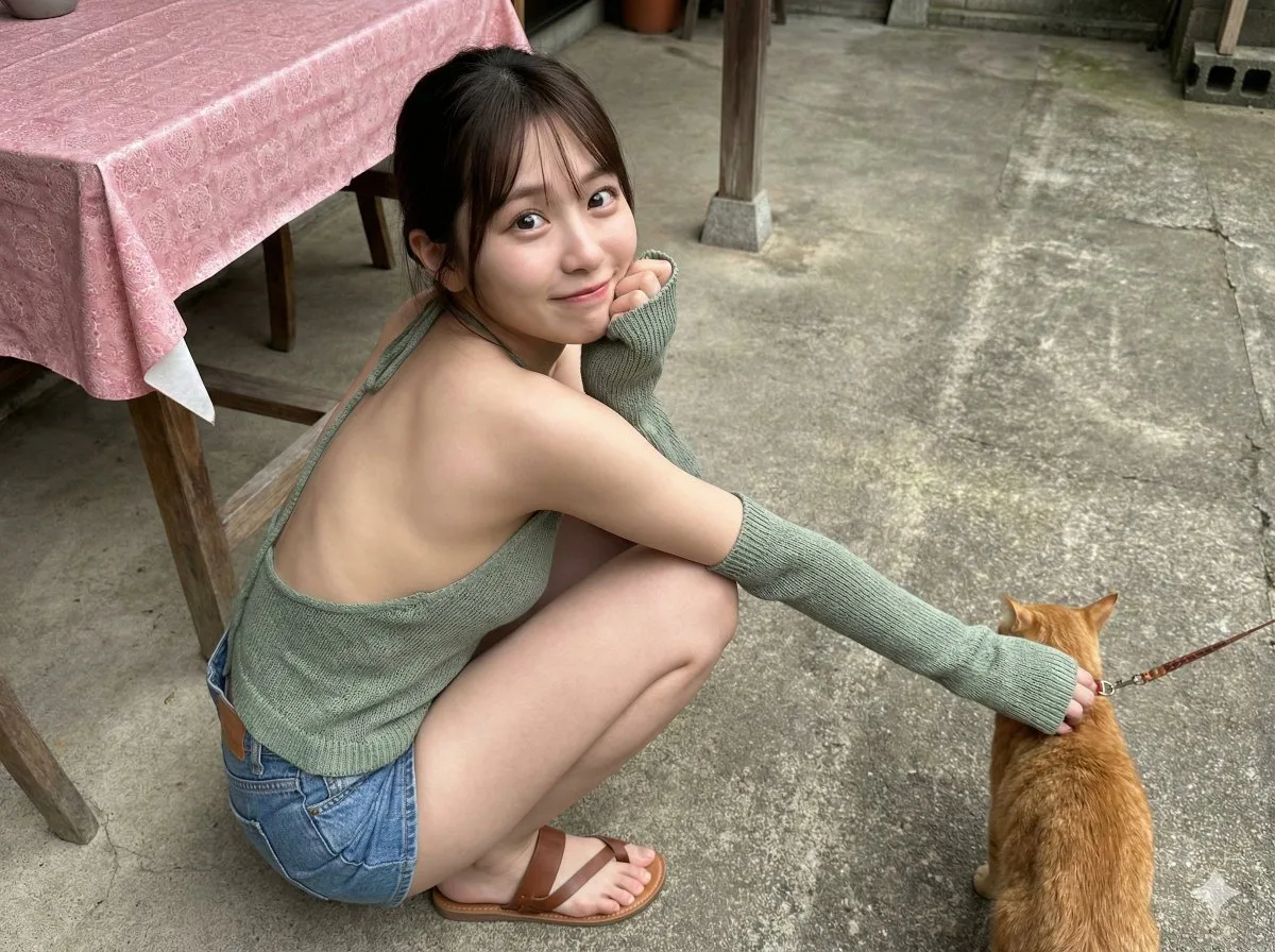 สาวเอเชียขี้อายกับแมวในสวน 1