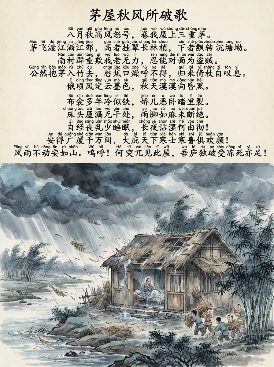ภาพวาด 'เพลงกระท่อมร้างลมพายุ' พร้อมพินอิน 1