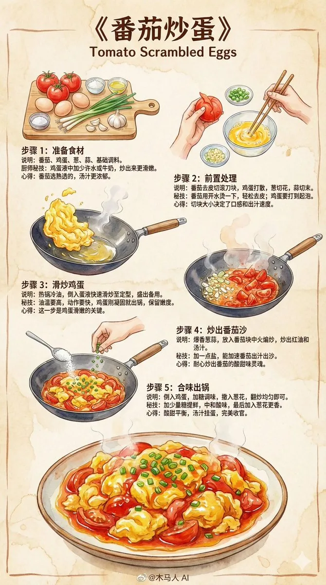 อินโฟกราฟิกสูตรมะเขือเทศผัดไข่สไตล์ภาพวาด 1