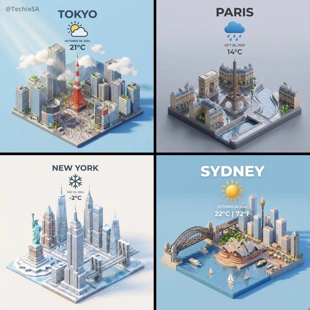 เมืองจำลอง 3D มุมสูง: ไอคอนสภาพอากาศและอุณหภูมิ 1