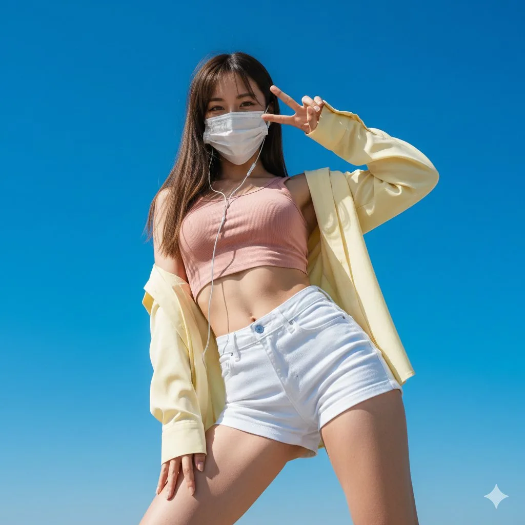 สาวสวมหน้ากากชูสองนิ้ว ท่าโพสต์สุดมั่นบนท้องฟ้า 1