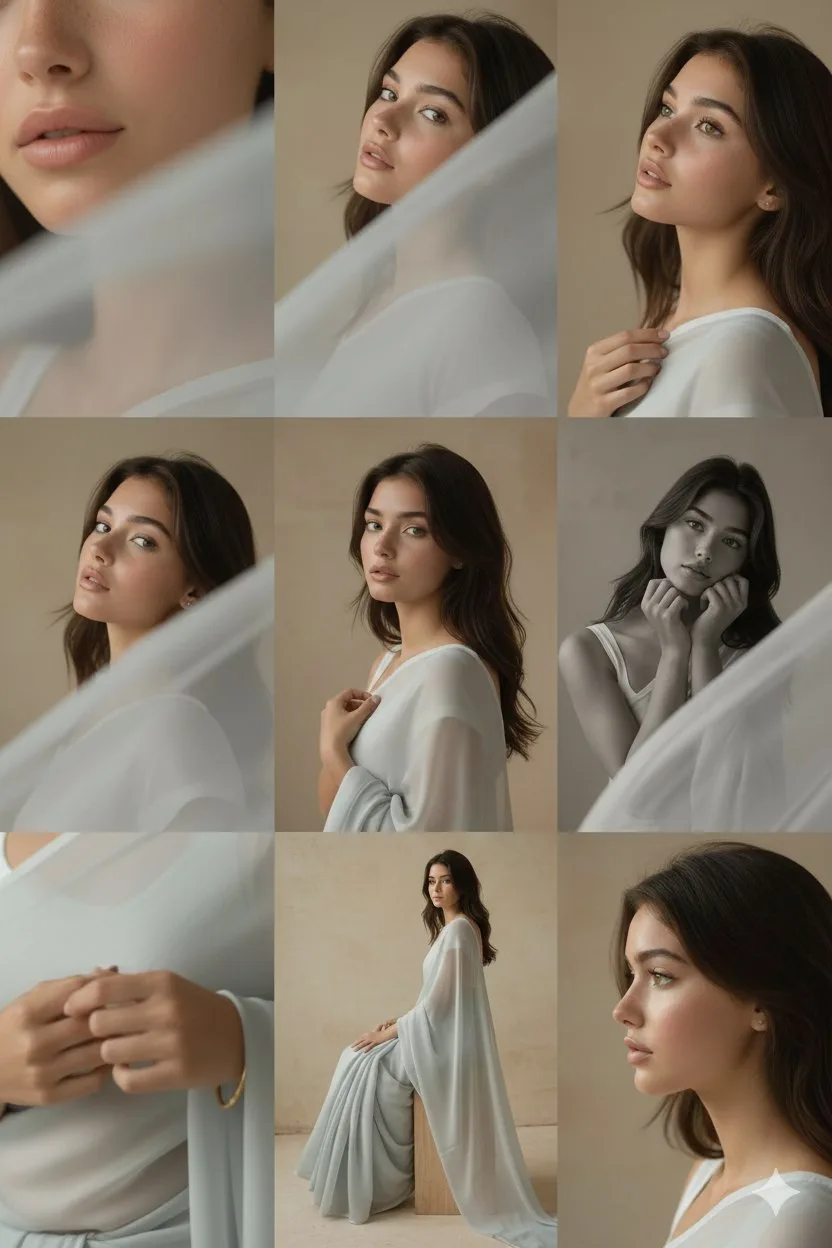 ภาพบุคคลในสตูดิโอ: กริด 3x3 พร้อมเสื้อผ้าและแสงเฉพาะ 1