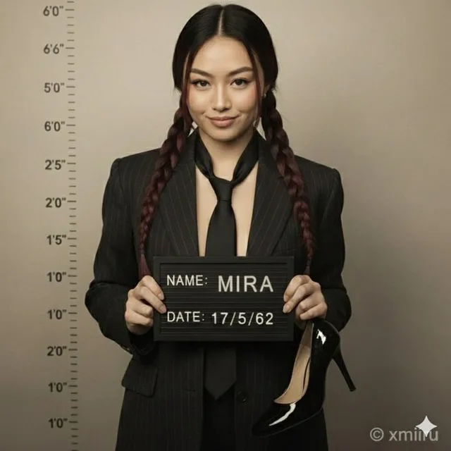 ผู้หญิงในชุดสูท โพสท่าถ่ายรูปผู้ต้องสงสัย