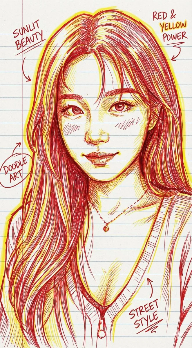 ภาพวาดลายเส้นสีแดงเหลืองสไตล์การ์ตูนโดดเด่น 1