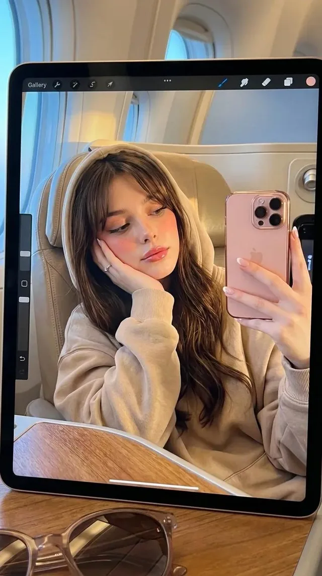 หญิงสาวบนจอไอแพด สะท้อนจากโต๊ะพับเครื่องบิน