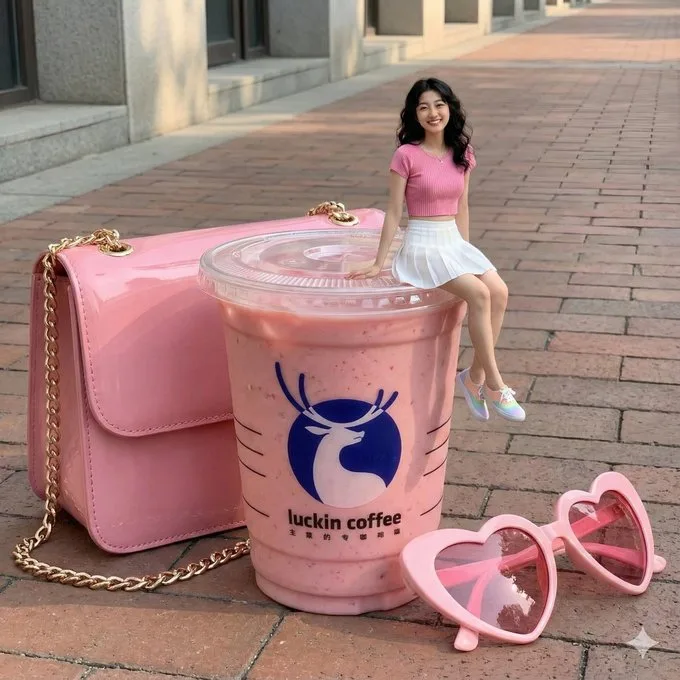 สาวจิ๋วบนแก้วกาแฟยักษ์: Luckin Coffee สีชมพูหอมหวาน 1